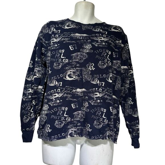 POLO RALPH LAUREN Men's Navy Blue Collegiate Print Waffle-Knit Pajama Shirt L - Picture 1 of 5